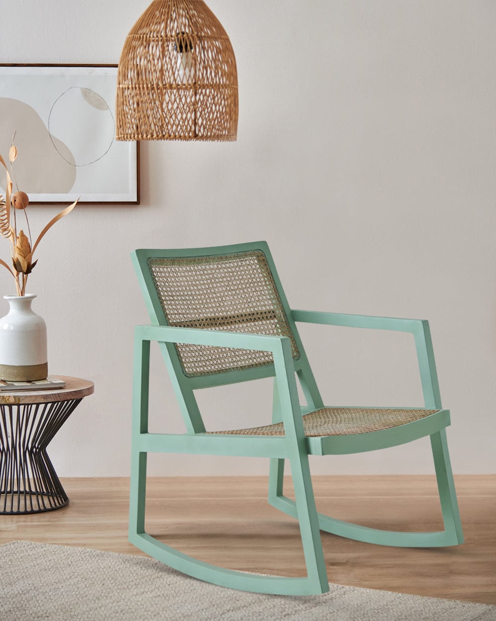 Chumbak French Rattan Rocking Chair-Teal