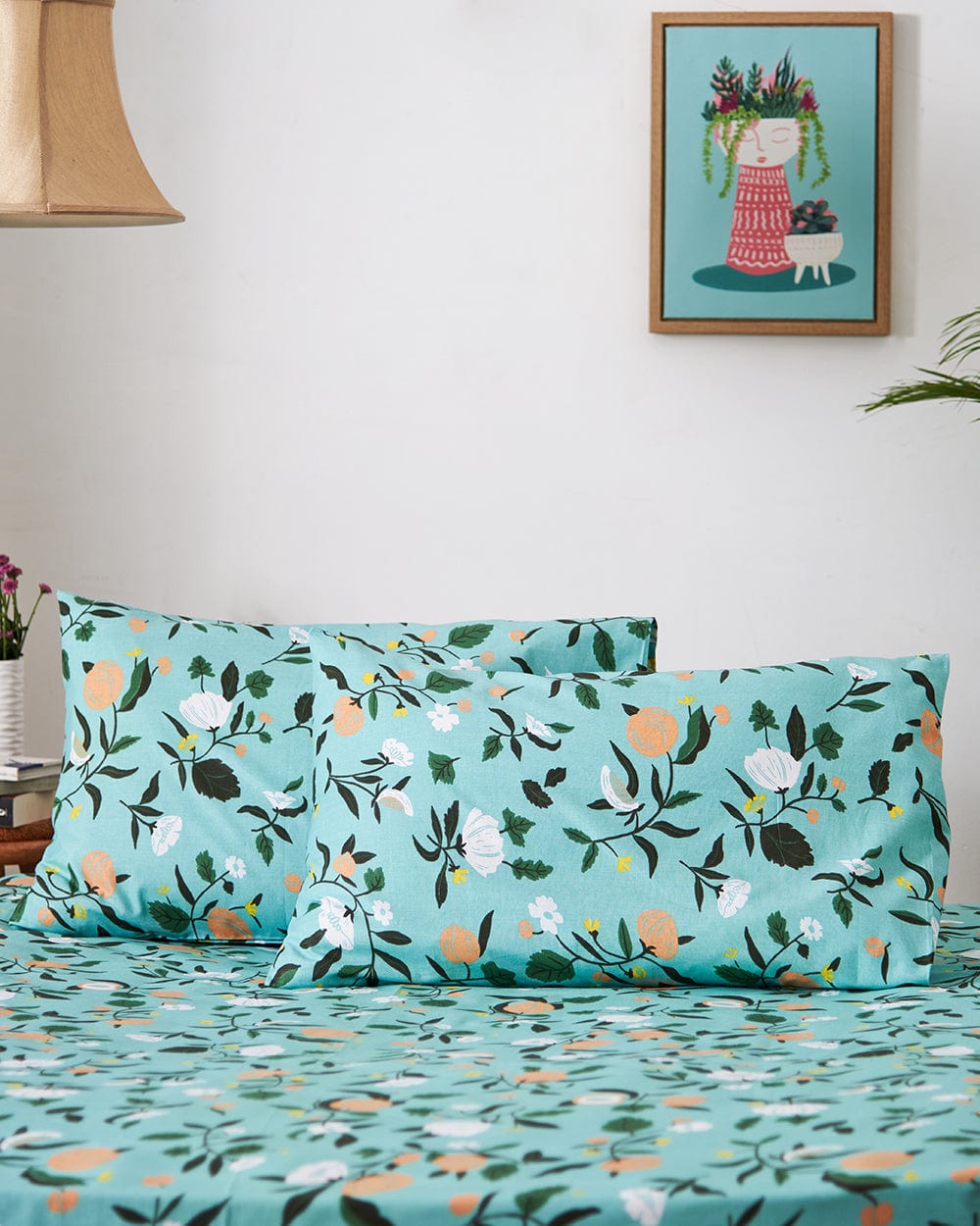 Chumbak TEAL by Chumbak Mexico Peachy Floral Bedsheet-Queen size, 136TC