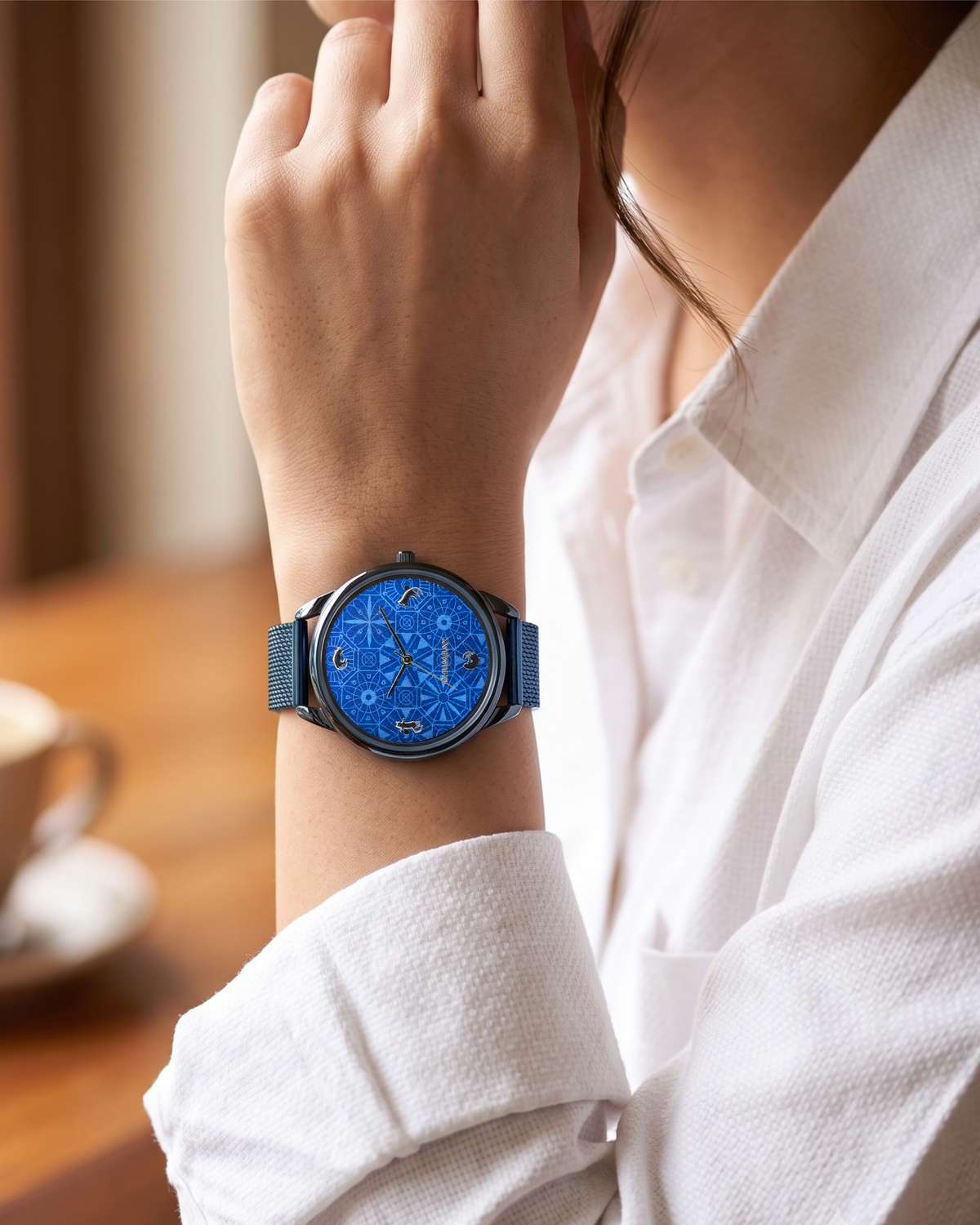 Teal by Chumbak Mosaic Meow Watch | Blue Dial, Mesh Strap