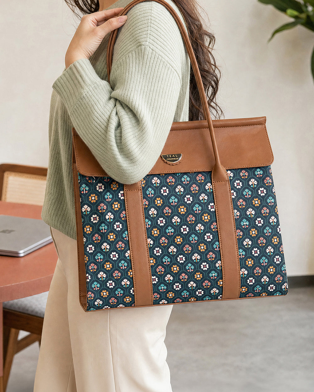 Teal by Chumbak Pixel Flower Flap Work Tote