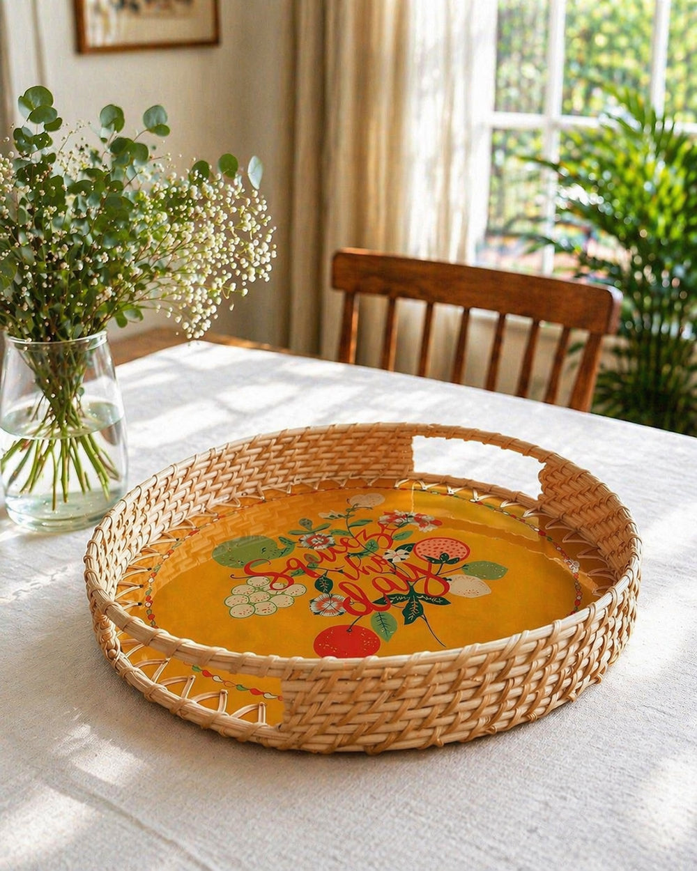 Squeeze the Day Rattan Carry Tray ( Round) | Citrus Zest