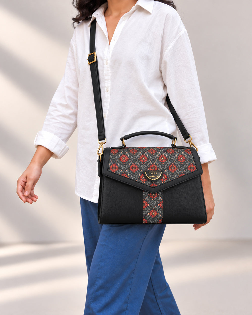 Teal by Chumbak Crimson Phool Jaal Flap Handbag