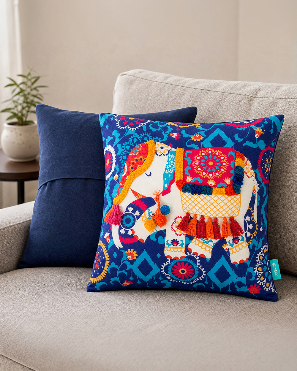 Carnival Elephant Tassel Cushion Cover