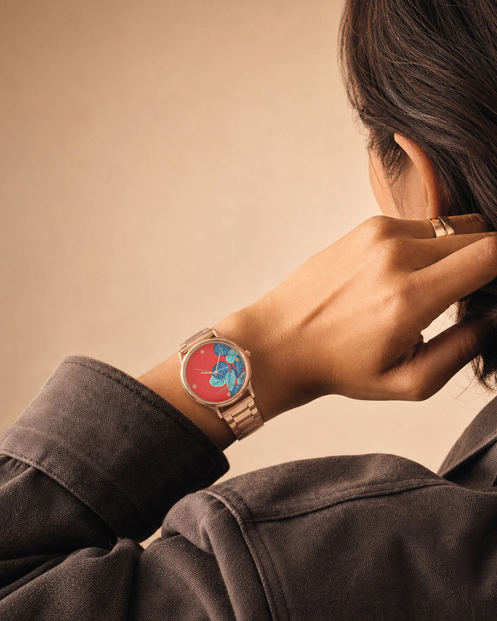 TEAL by Chumbak Bohemian Leaves  Watch,Metal link Strap