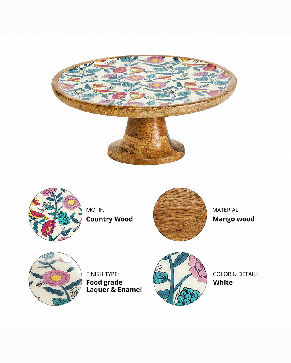 Country Wooden Cake stand -  Floral,  9.74” x 9.74” x 5”