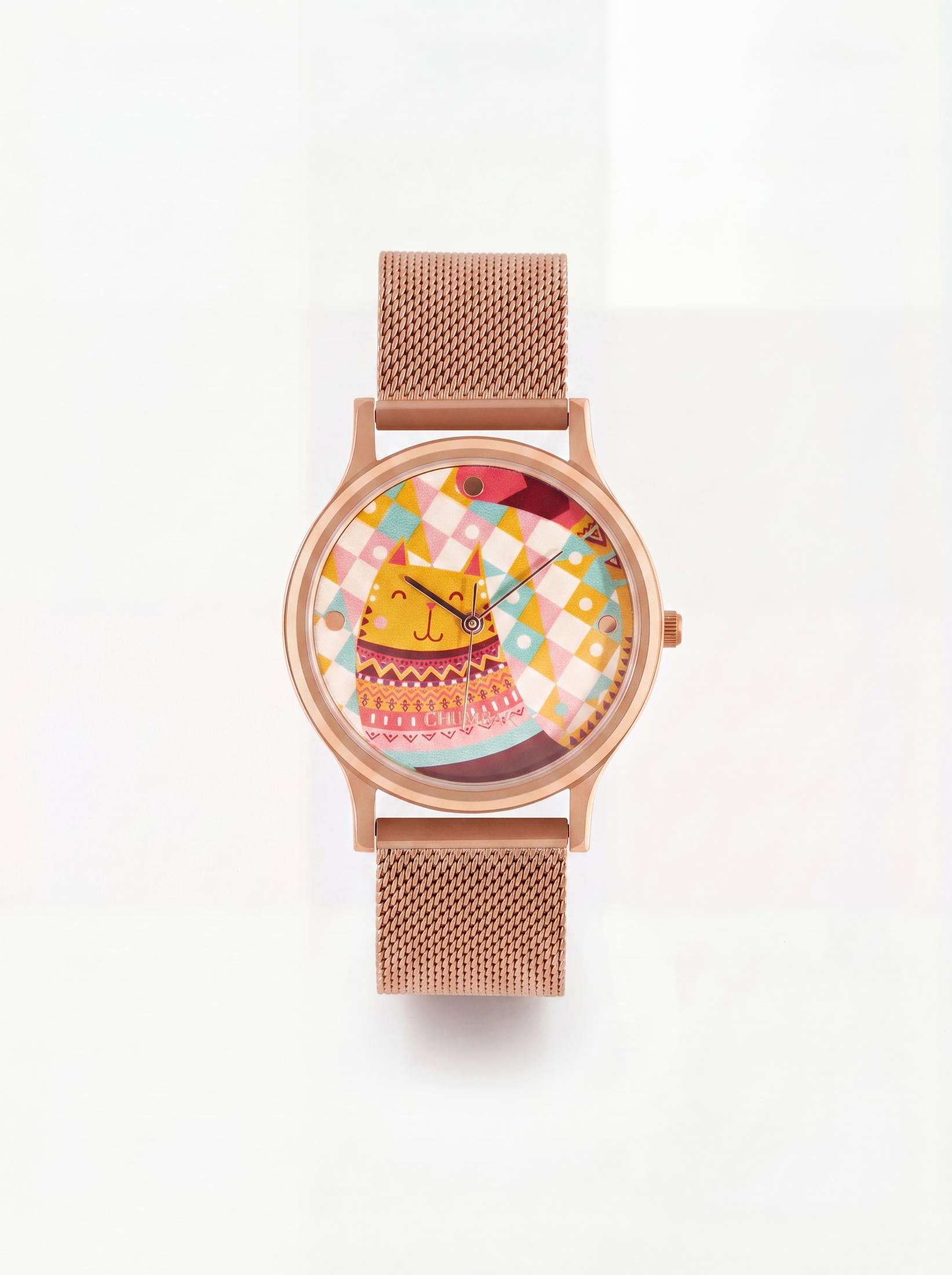 Teal by Chumbak Carnival Cat Watch,Stainless Steel Mesh Strap
