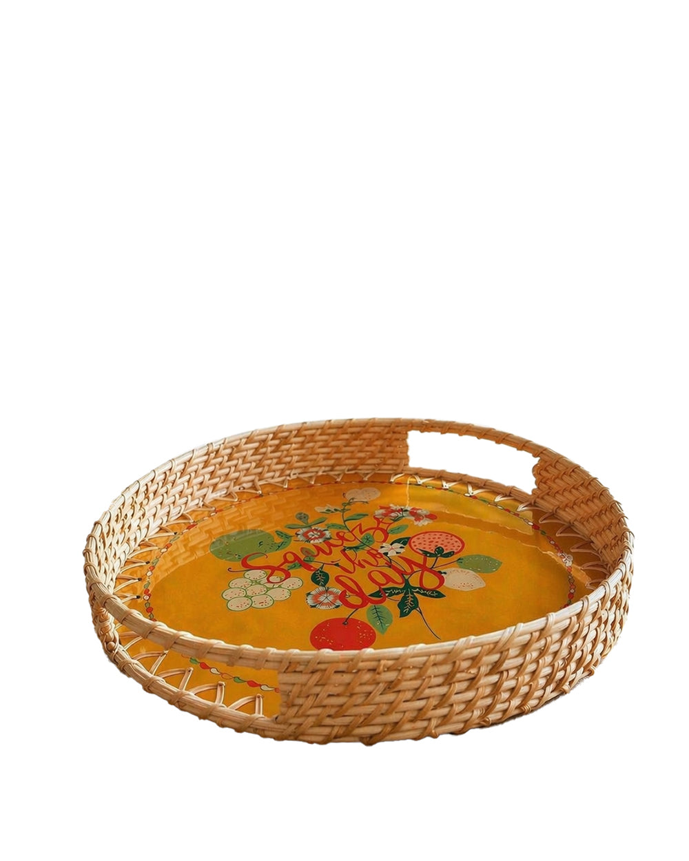 Squeeze the Day Rattan Carry Tray ( Round) | Citrus Zest