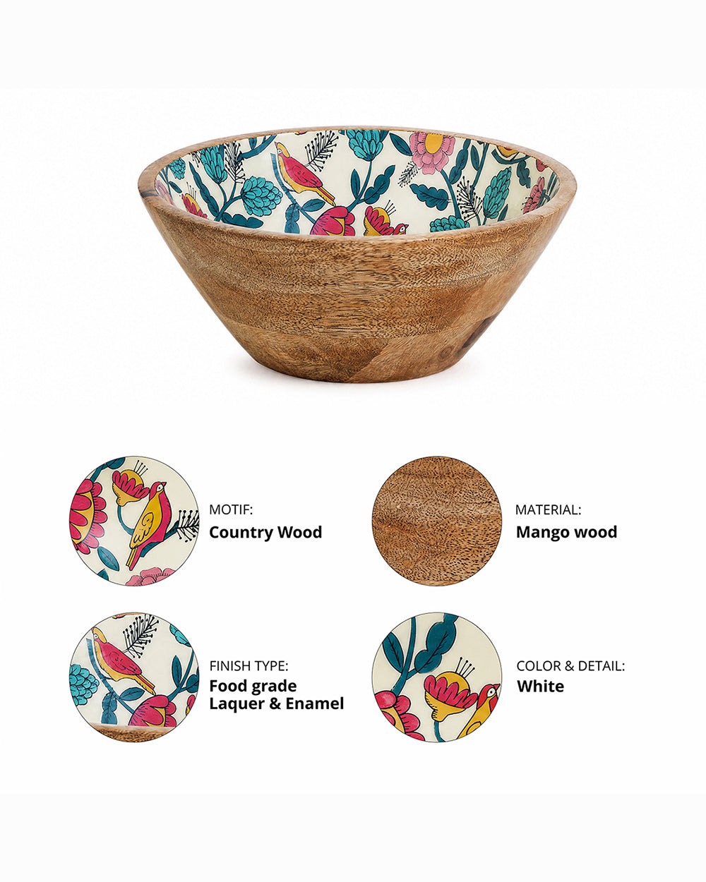 Country Wooden Large Bowl -  Floral, 8”x 8” x 3.5”