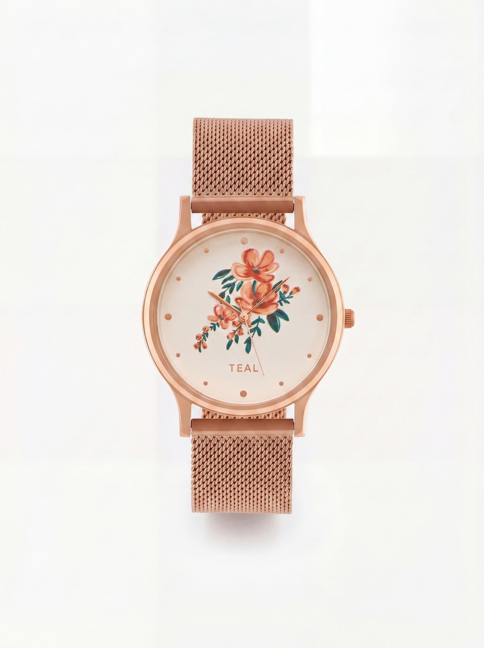 TEAL by Chumbak Jungle Flowers Watch, Metal Mesh Strap