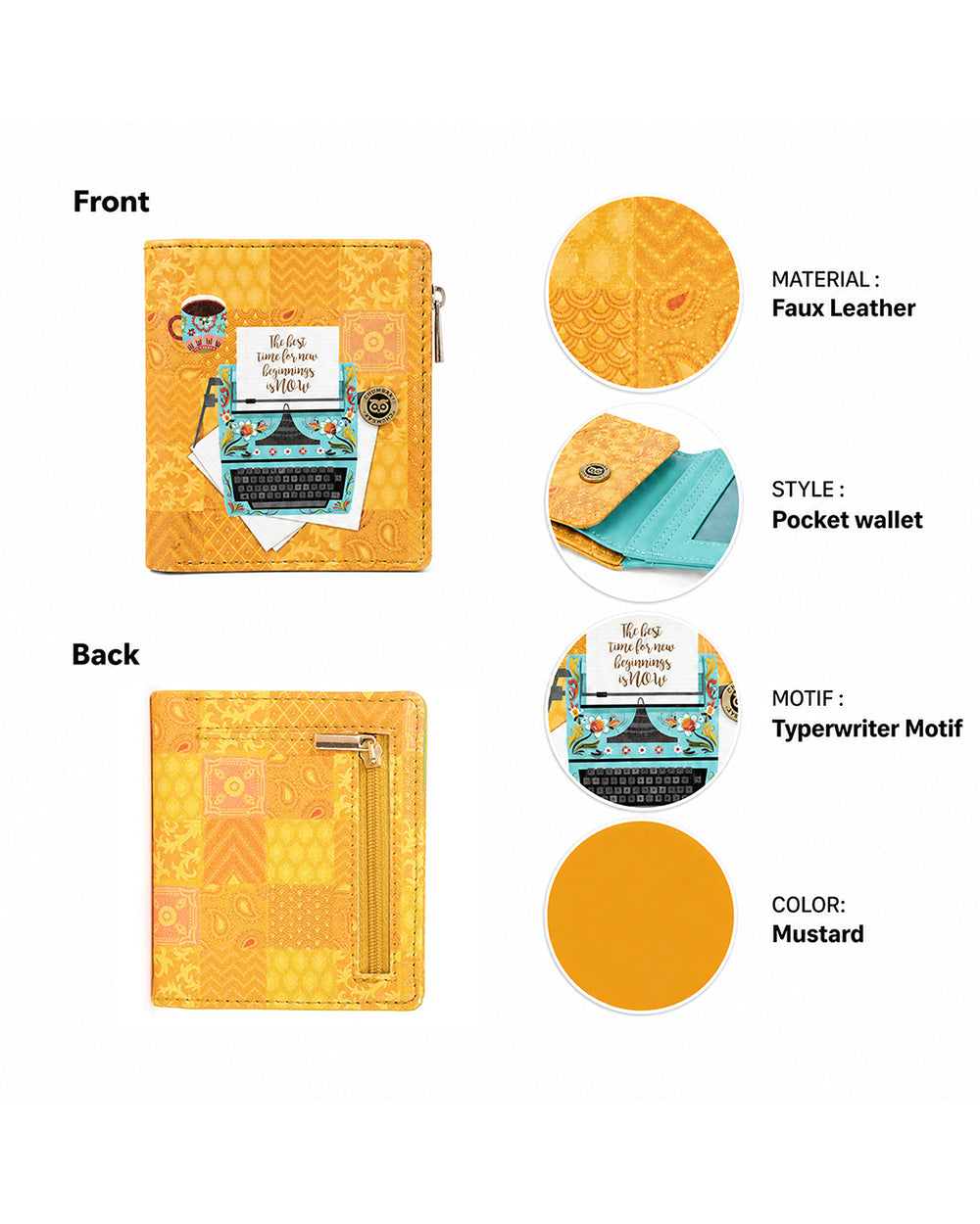 Floral Typewriter Yellow Printed Snap Button Wallet