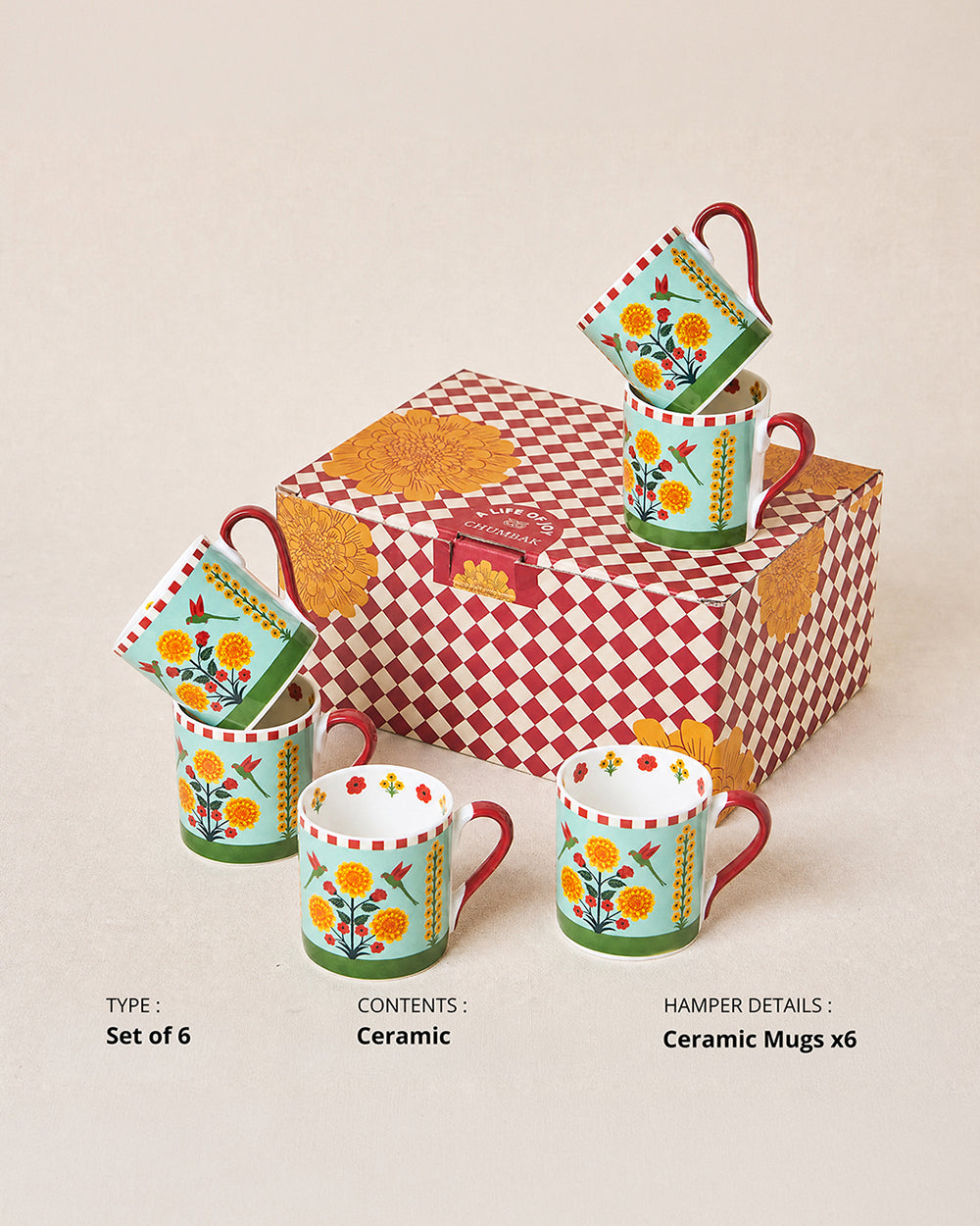 Rani Bagh Mugs Gift Set - Set of 6, 220 ml | Palace Memoirs | Gold Rim