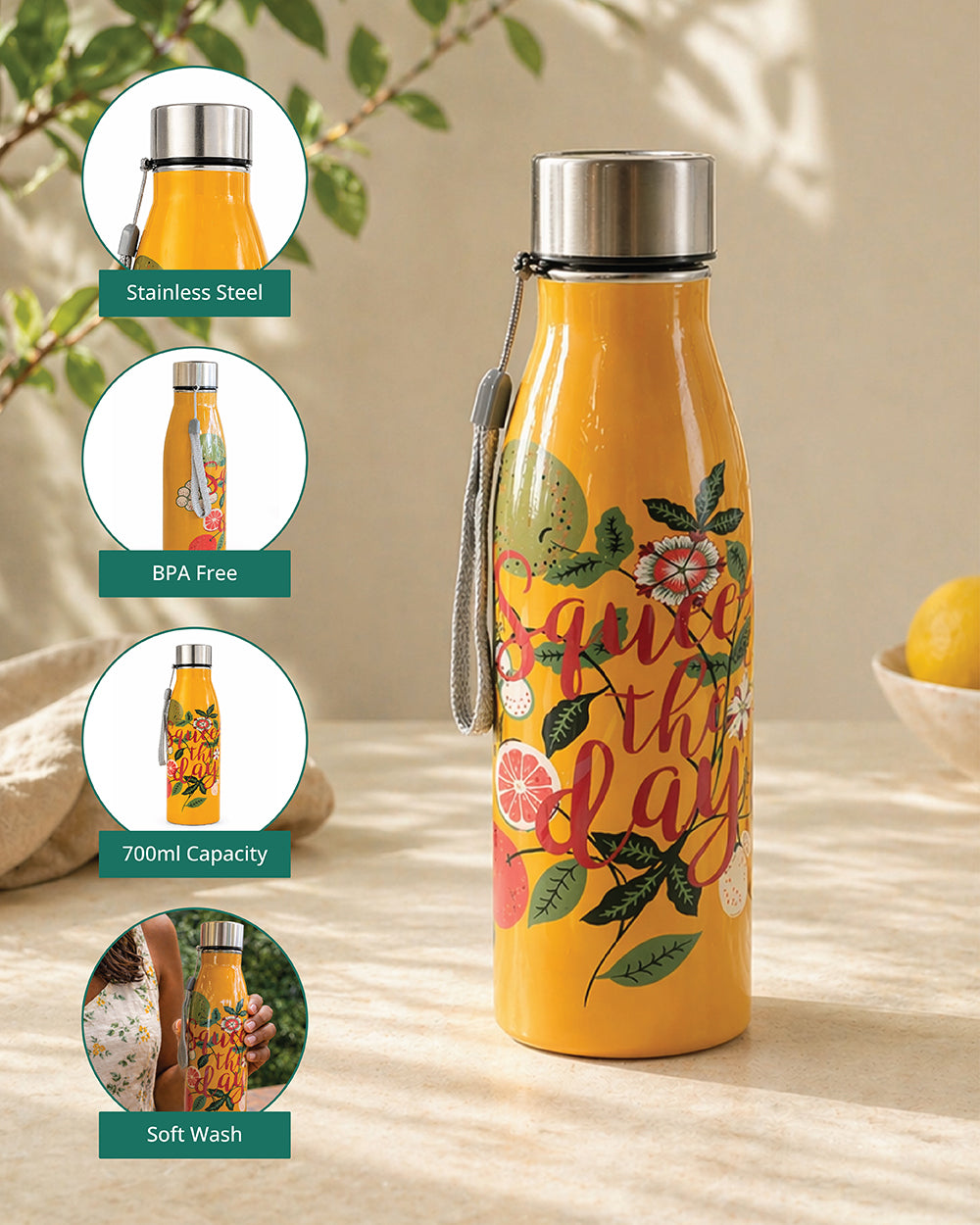 Squeeze the Day Steel Bottle, 700 ml | Citrus Zest