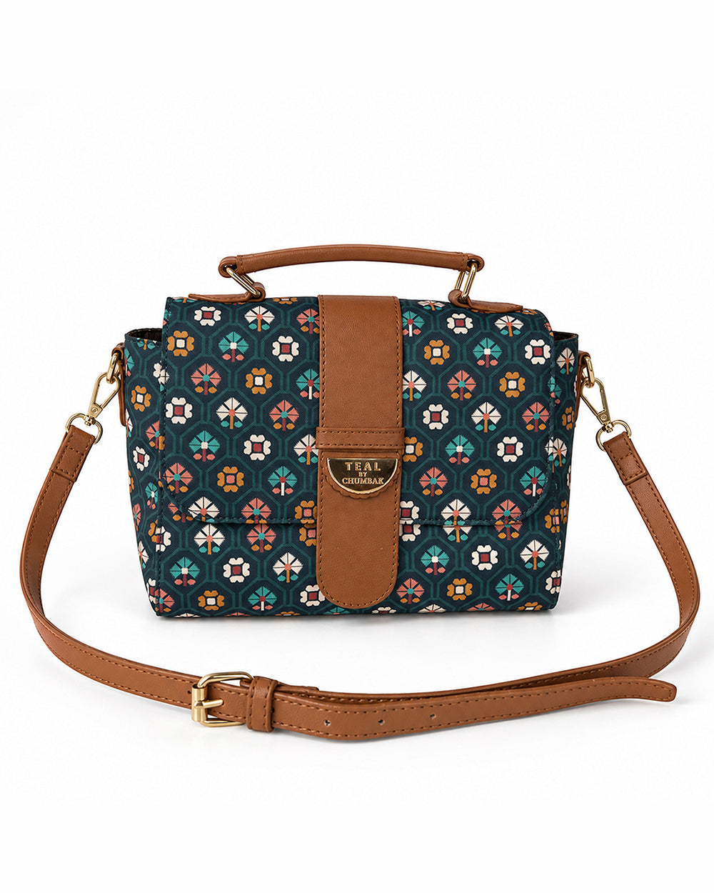 Teal by Chumbak Pixel Flower Duffle Crossbody Bag