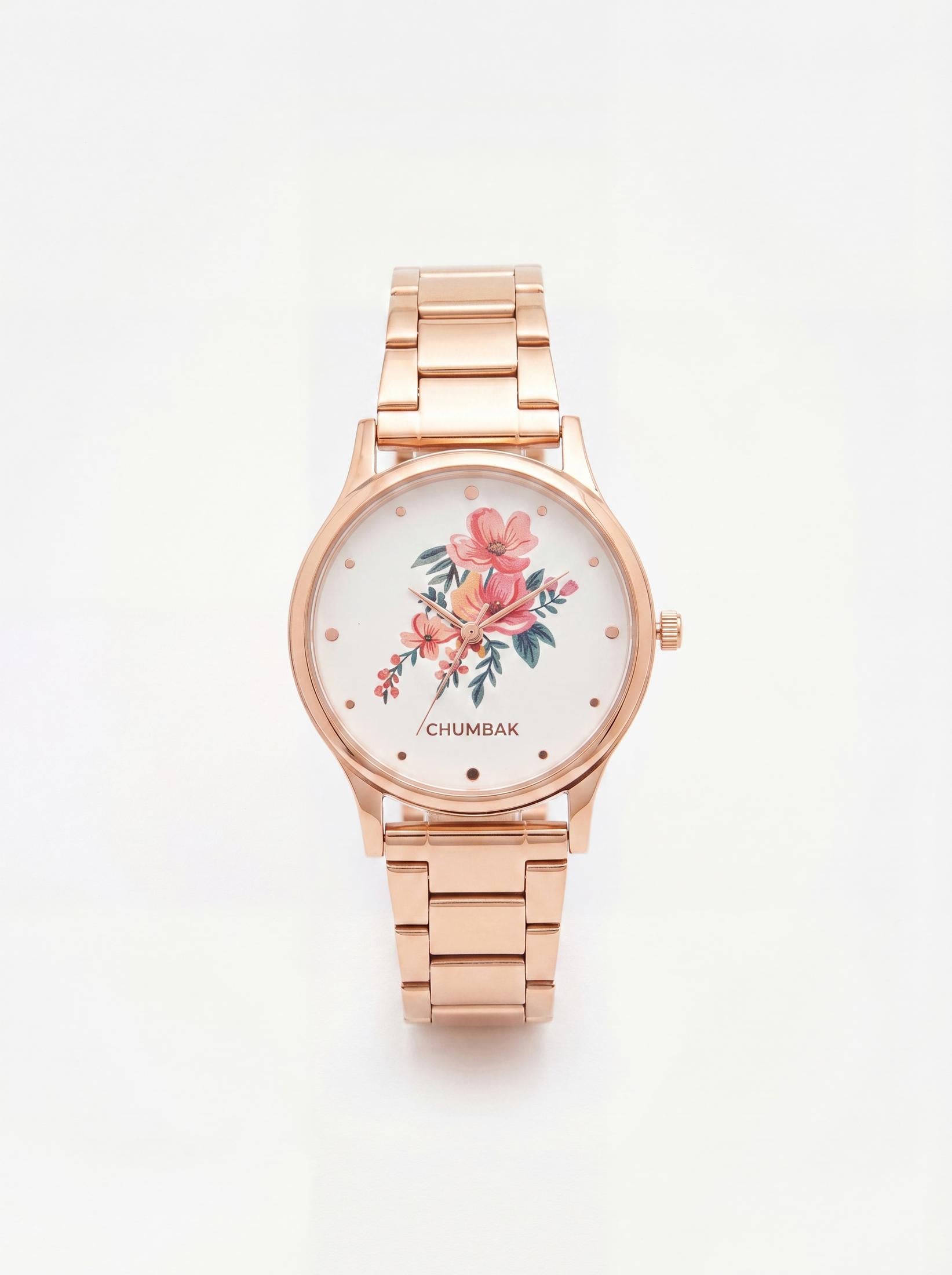 TEAL by Chumbak Jungle Flowers Watch, Metal link Strap