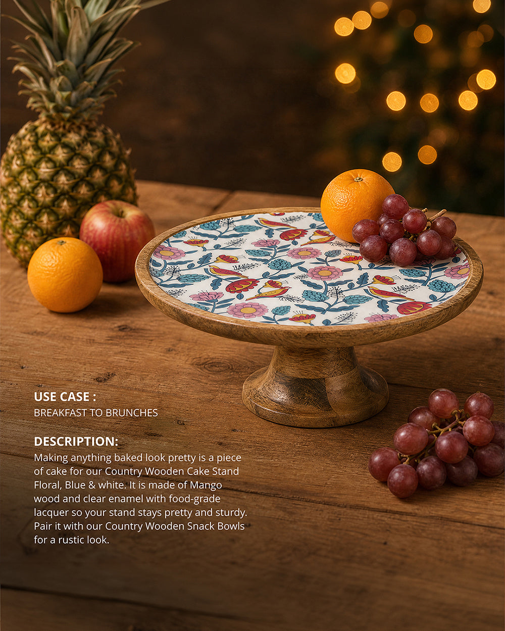 Country Wooden Cake stand -  Floral,  9.74” x 9.74” x 5”