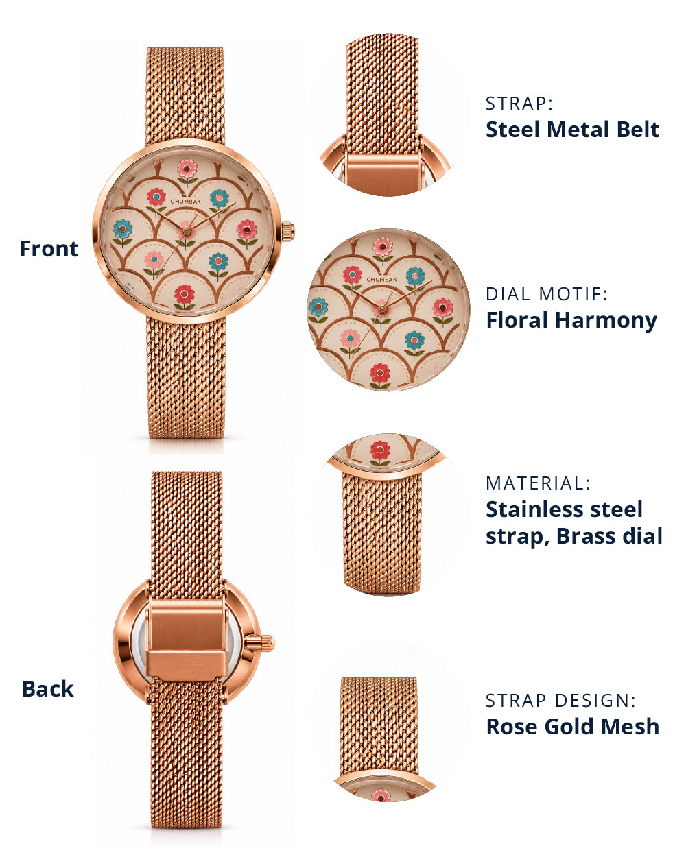 Teal by Chumbak Phool-ish Watch | Rose Gold Dial, Mesh Strap