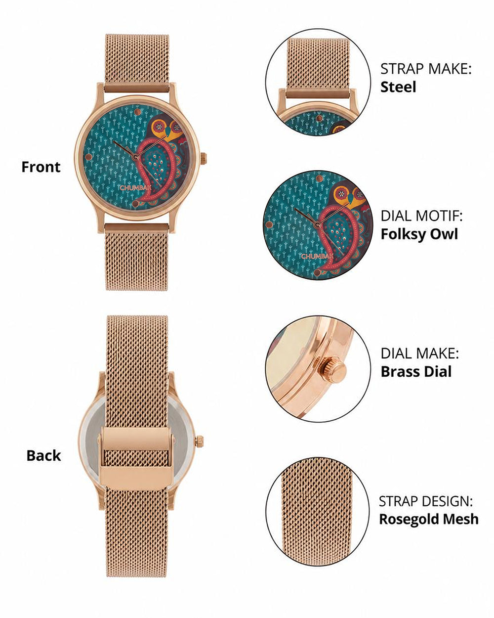 Teal by Chumbak Folk Owl Watch,Stainless Steel Mesh Strap