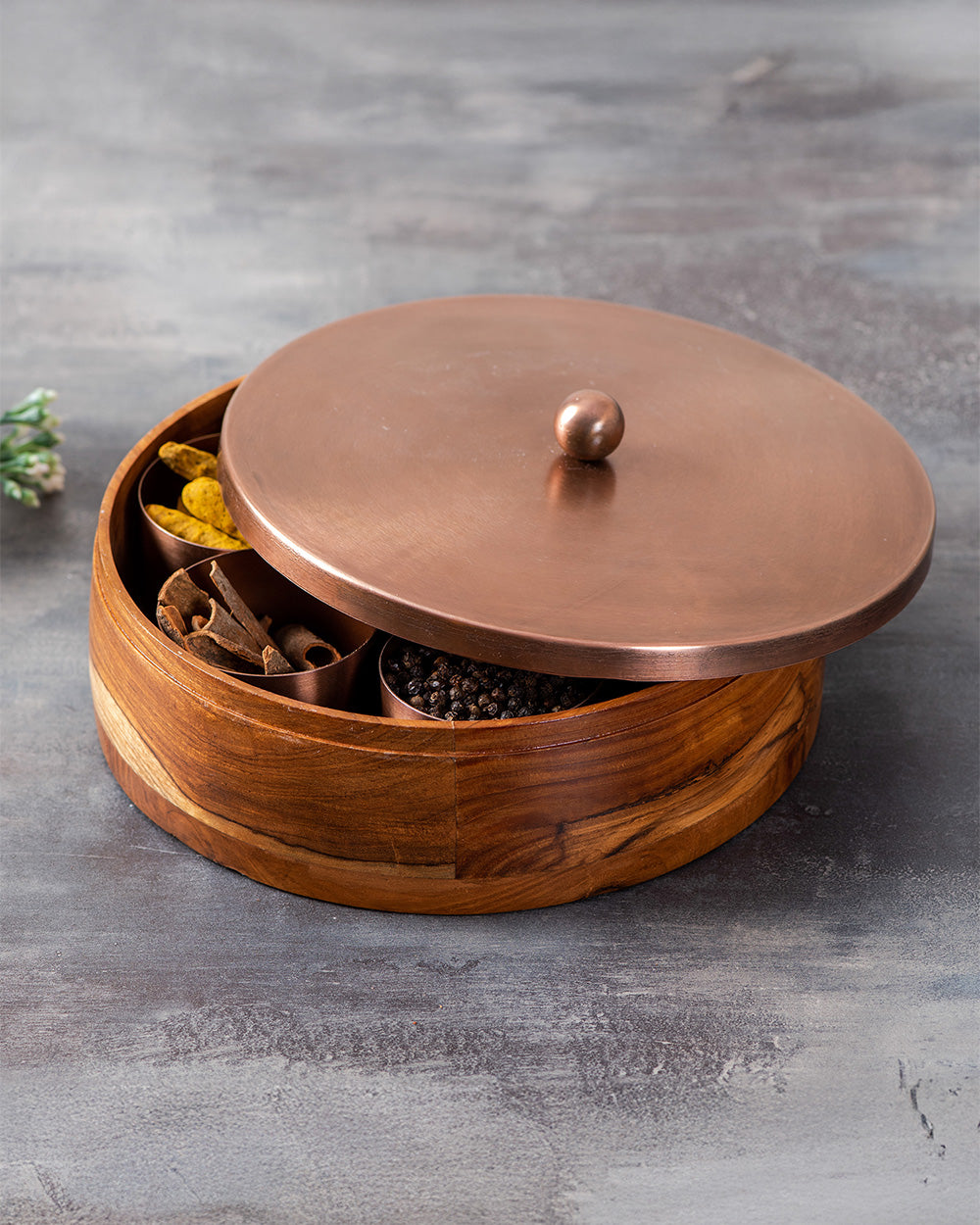 Classic Acacia Wood Masala Box - Copper