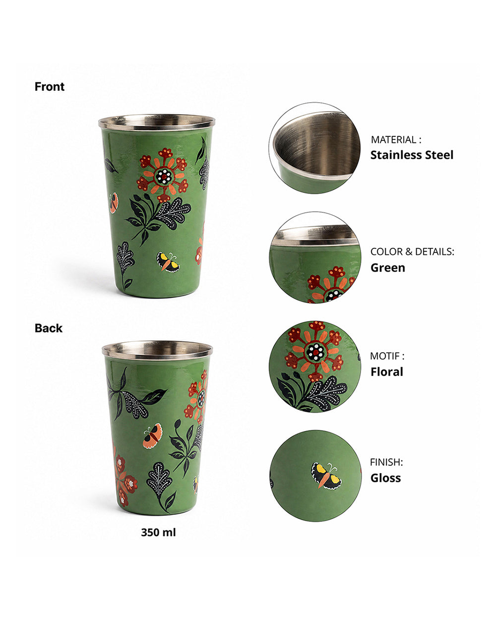 Bloom Steel Tumbler - 350 ml, Handpainted  | Forest Folklore
