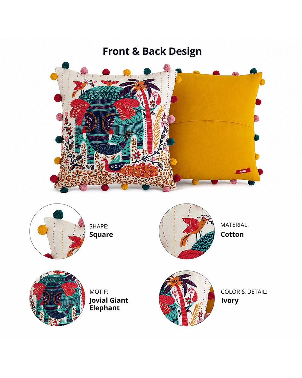 Galle Elephant 16" Gondh Cushion Cover
