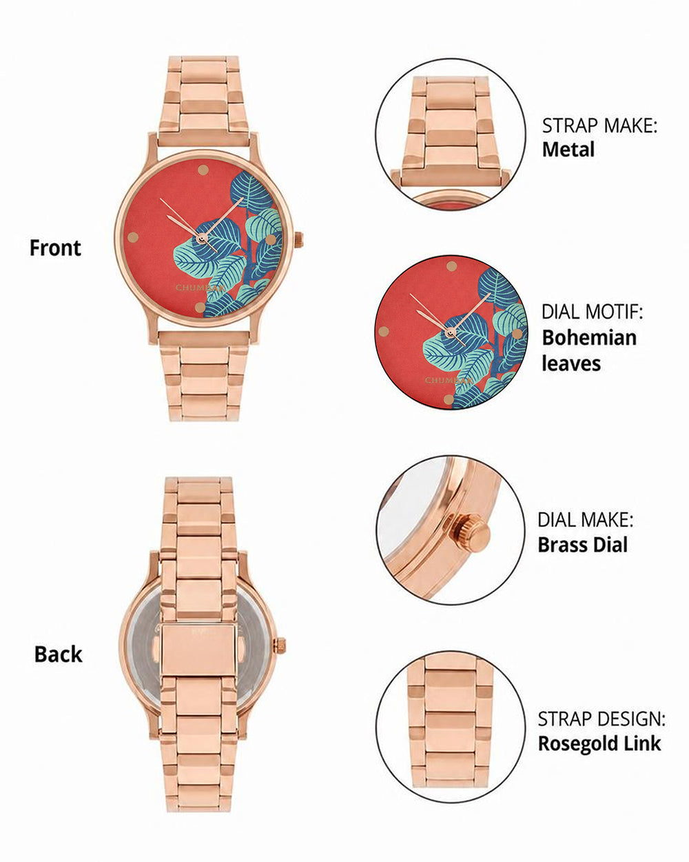 TEAL by Chumbak Bohemian Leaves  Watch,Metal link Strap