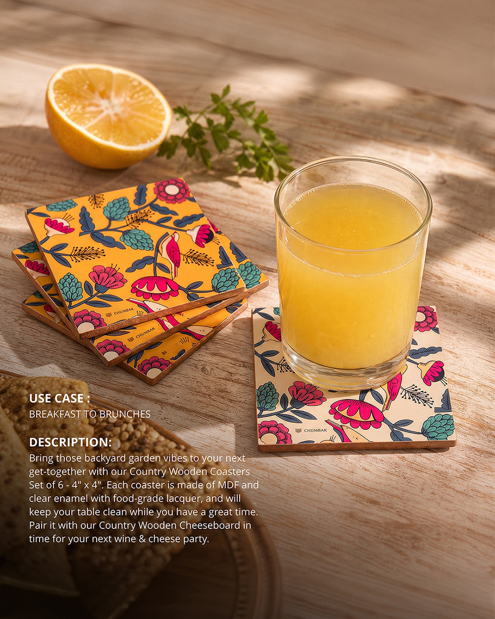 Country Wooden Coasters - Set of 6,  4” x 4”