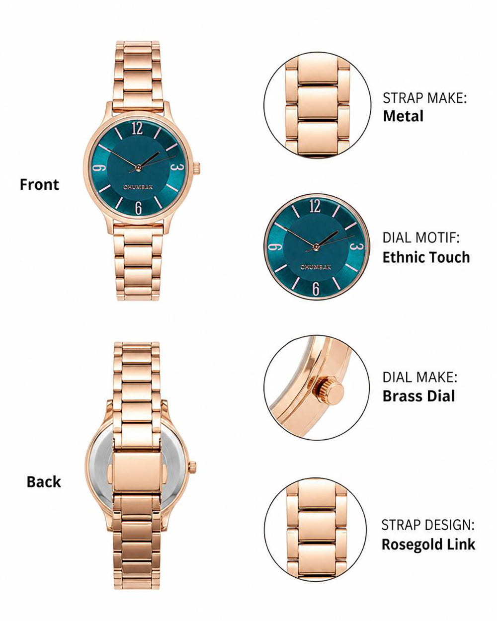TEAL by Chumbak Forest Jade Watch, Metal link Strap