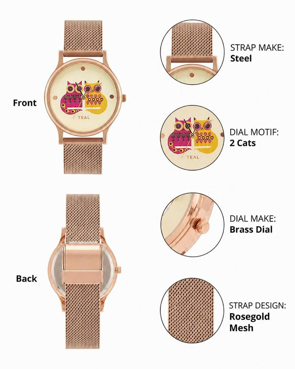 Teal by Chumbak Being Catty Watch,
Stainless Steel Mesh Strap