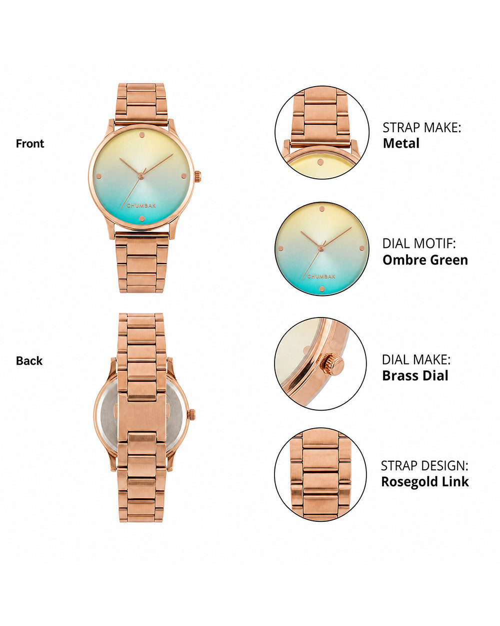 Teal By Chumbak | Ombre Green Watch - Metal Link Strap