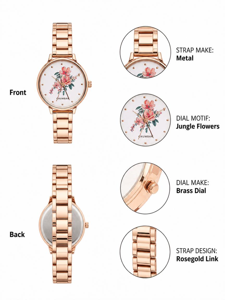 TEAL by Chumbak Jungle Flowers Watch, Metal link Strap