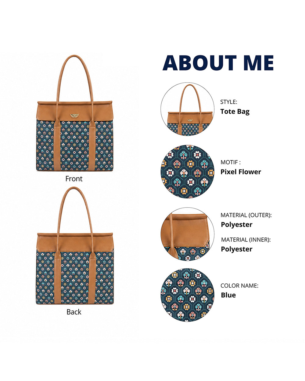 Teal by Chumbak Pixel Flower Flap Work Tote