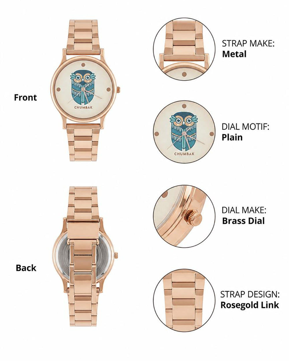 TEAL by Chumbak Vintage Owl Watch, Metal link Strap