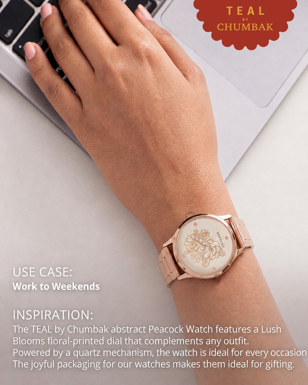 TEAL by Chumbak abstract Peacock Watch, Metal link Strap