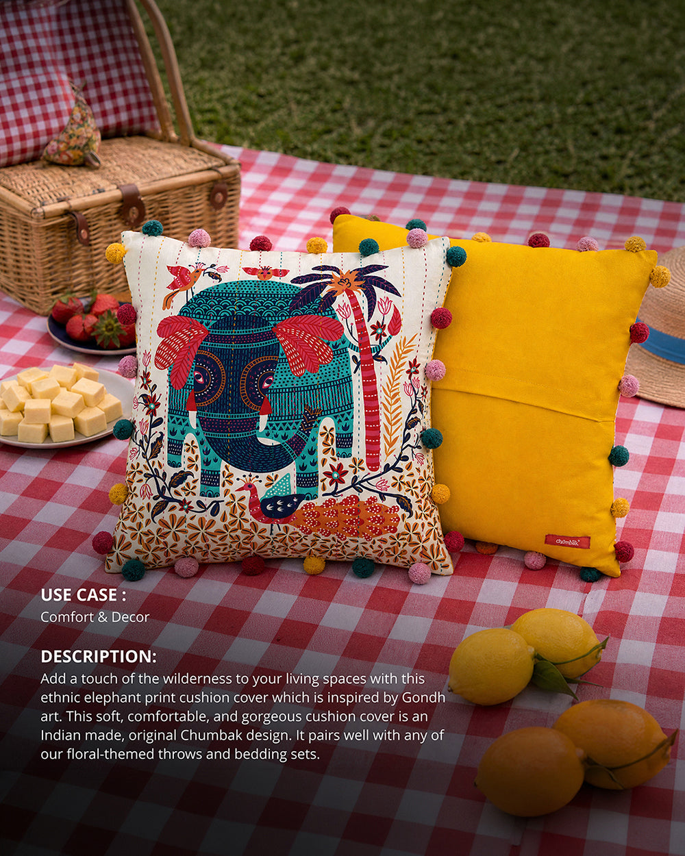 Galle Elephant 16" Gondh Cushion Cover