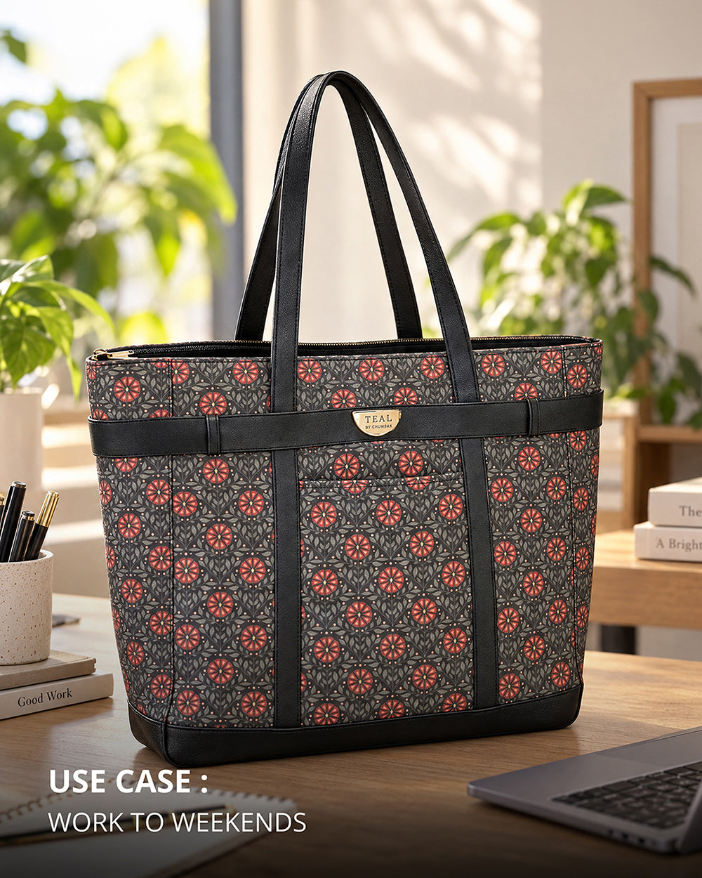 Teal by Chumbak Crimson Phool Jaal Laptop Tote