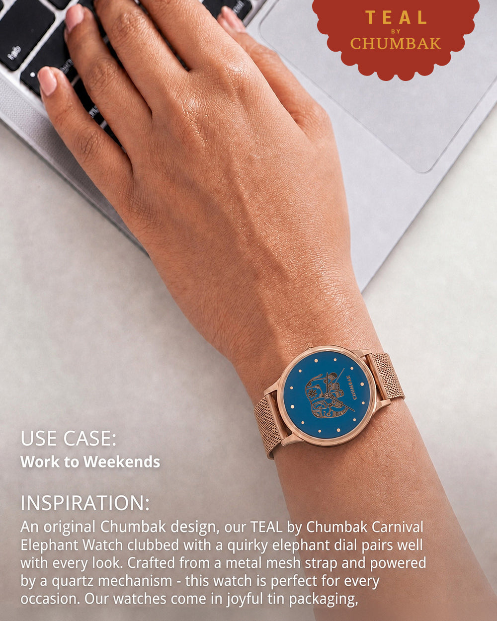 TEAL by Chumbak Carnival Elephant Watch,Metal Mesh Strap
