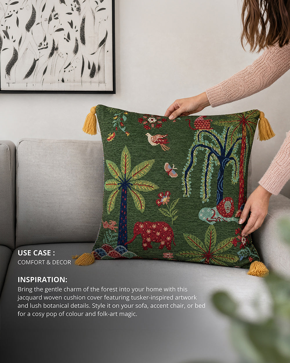 Tusker Trails Jacquard Cushion Cover | Forest Folklore