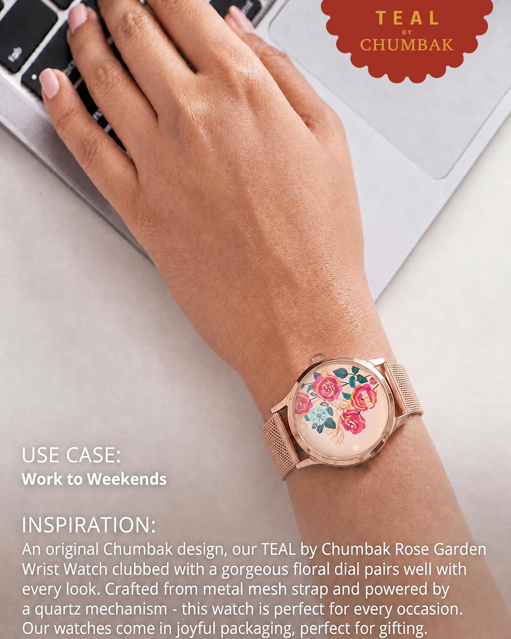TEAL by Chumbak Rose Garden Watch, Metal Mesh Strap