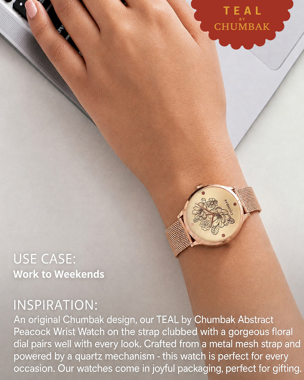 TEAL by Chumbak abstract Peacock Watch, Metal Mesh Strap