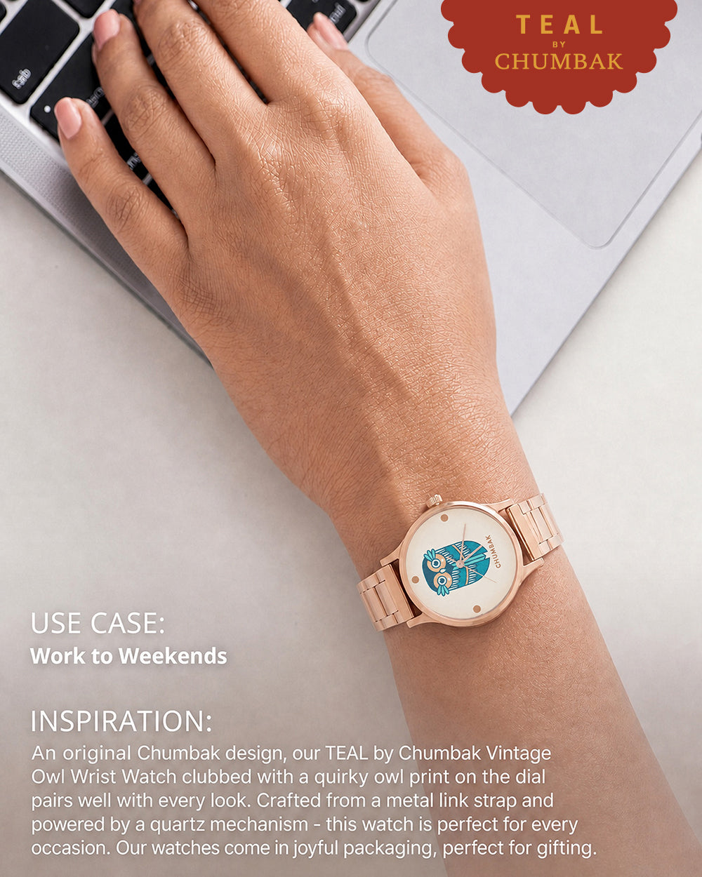 TEAL by Chumbak Vintage Owl Watch, Metal link Strap