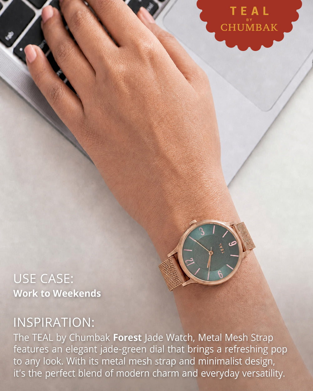 TEAL by Chumbak Forest Jade Watch, Metal Mesh Strap