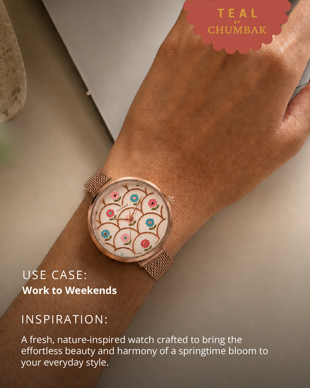 Teal by Chumbak Phool-ish Watch | Rose Gold Dial, Mesh Strap