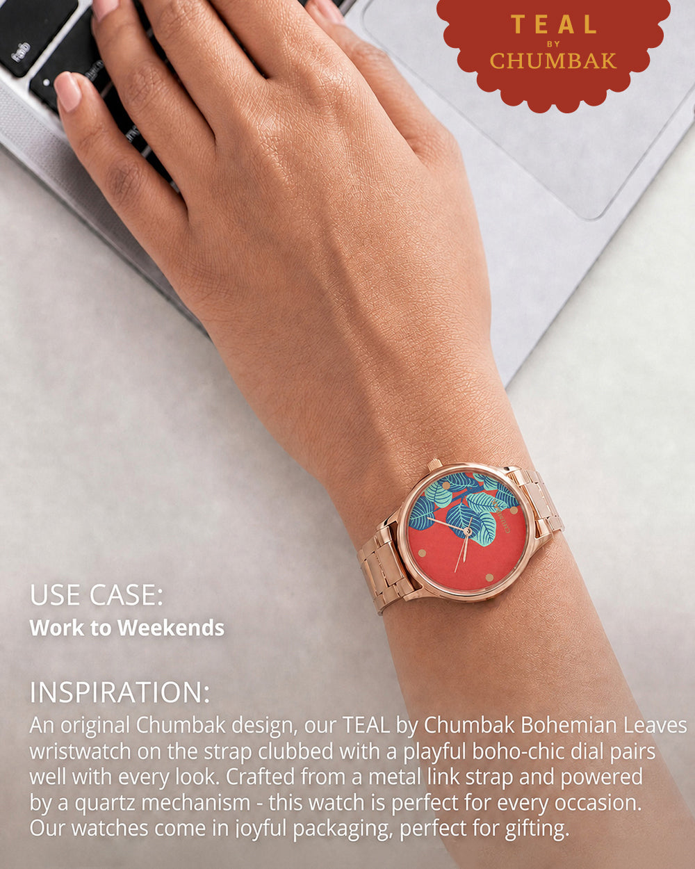 TEAL by Chumbak Bohemian Leaves  Watch,Metal link Strap