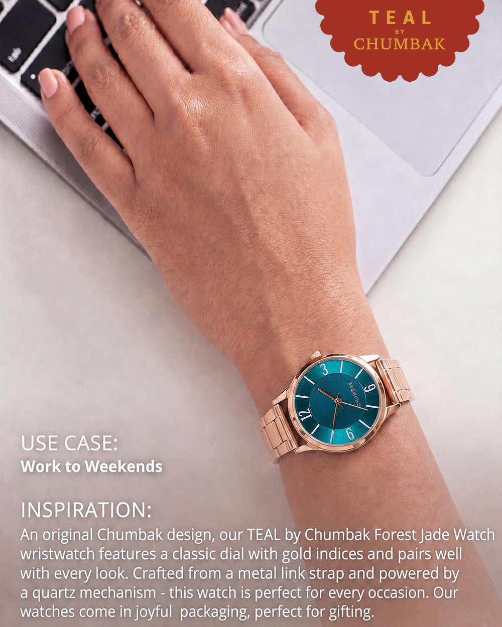TEAL by Chumbak Forest Jade Watch, Metal link Strap