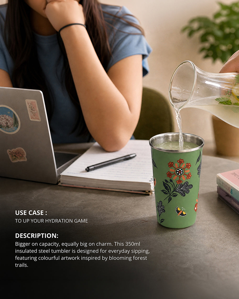 Bloom Steel Tumbler - 350 ml, Handpainted  | Forest Folklore
