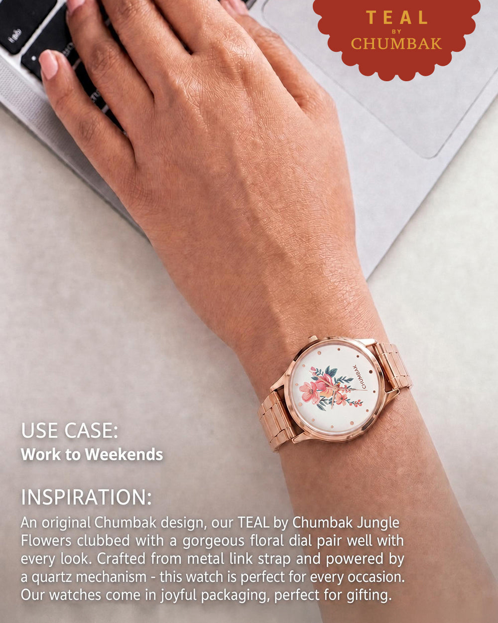 TEAL by Chumbak Jungle Flowers Watch, Metal link Strap