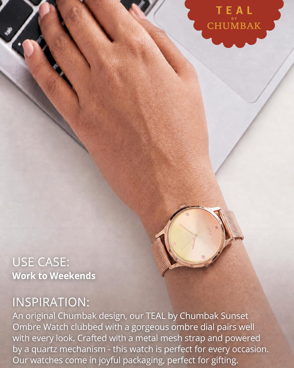 TEAL by Chumbak Sunset Ombre Watch, Metal Mesh Strap
