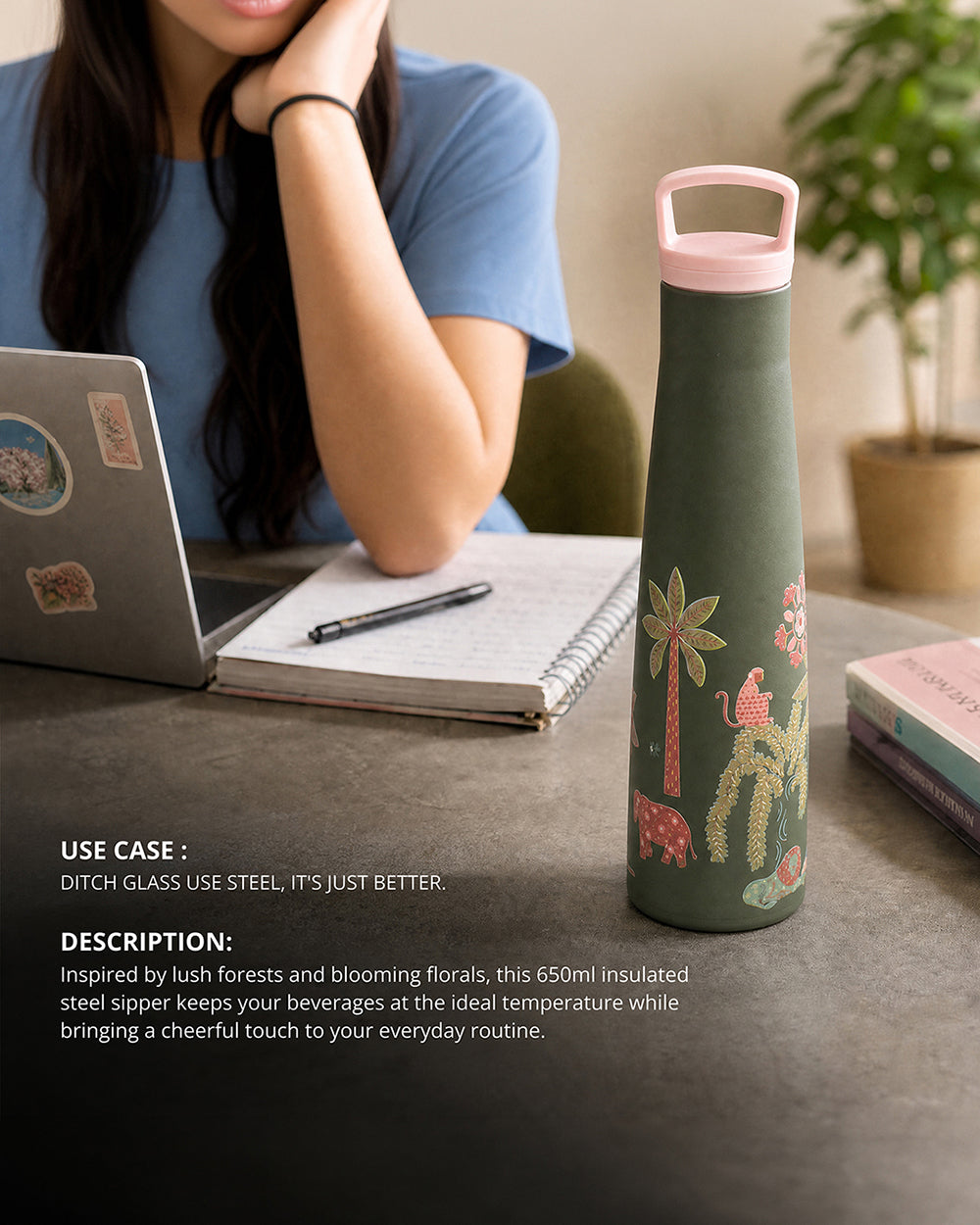 Forest Bloom Insulated Steel Sipper - 650 ml | Forest Folklore