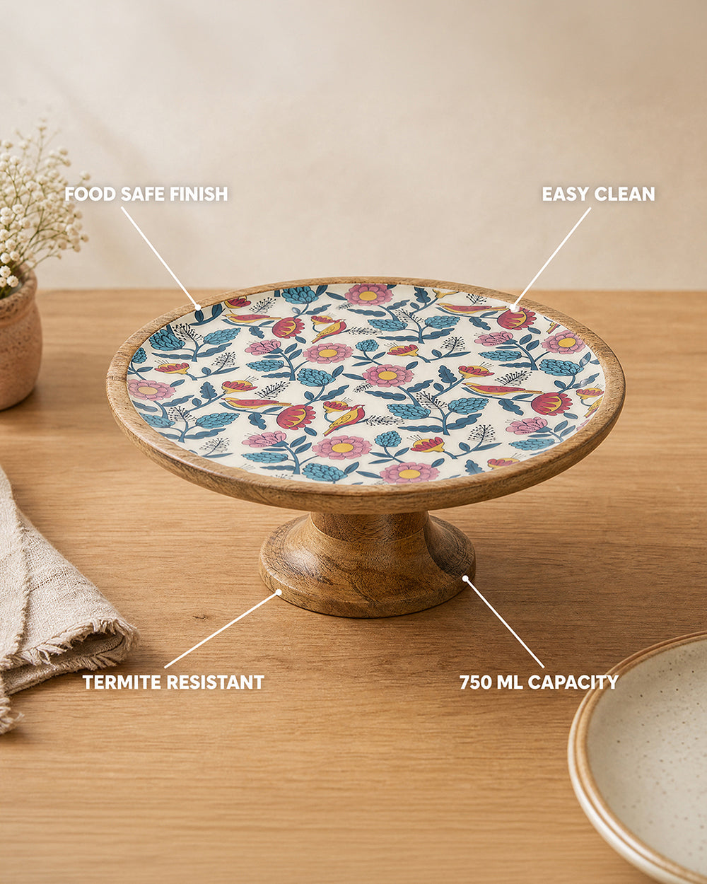 Country Wooden Cake stand -  Floral,  9.74” x 9.74” x 5”