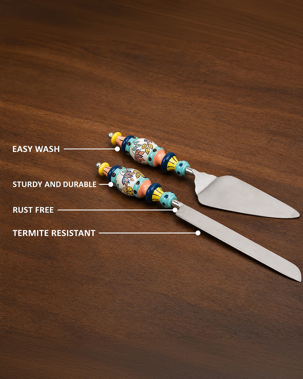 Folk Floral Cake Server Set- Blue